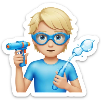 Blond 18 year old boy, with blue eyes, wearing swim goggles, normal clothes, holding a water gun sticker