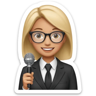 a office woman presenting her idea with microphone smiling
 sticker