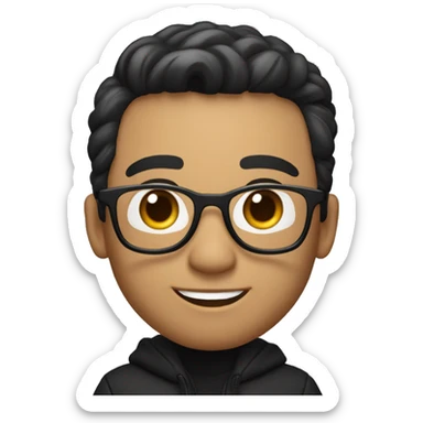 memoji of a man with a laptop in front, apple-style, fair white skintone, black jacket or hoodie,modern,wearing spectacles,black hair,black sweater,computer in hand,sitting on his desk sticker