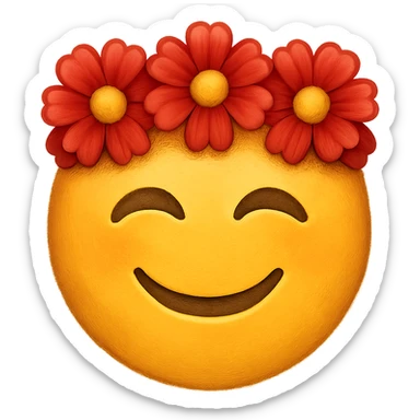 yellow face with red flower crown emoji, digital illustration, remove background sticker
