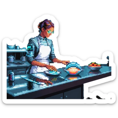 A sleek cyborg baker using holographic ingredients and laser precision. The kitchen is a fusion of chrome, glass, and neon. Interface elements float like holograms, with glowing edges, translucent layers, and tactile feedback illusions. sticker