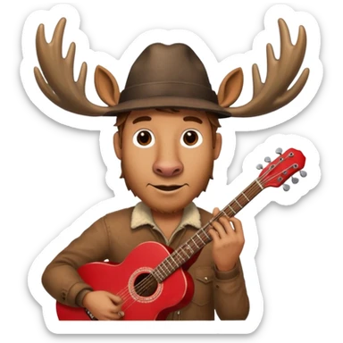 A man with a moose head in alaska pointing a red guitar directly up in the air. Make the graphics gritty and realistic like the moose man is a villian in a high budget batman movie. It needs to be 100 times more dark themed and realistic. Like your batman characters  sticker