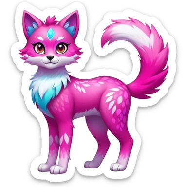 Vibrant multicolored neon-colored Falvie-Fionbri-creature-sparkle-feline-canine-hybrid-fursona, full body, fur pattern-markings sticker