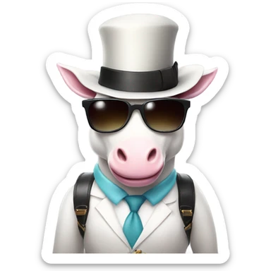 Unicorn with top hat and sunglasses smiling  while holding a Prada bag sticker
