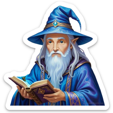 A luminescent enchanting Wizard stands beside a mystical spell book, his ethereal presence shimmering with otherworldly energy, each detail radiating with mystical power and ancient wisdom. The painting, a masterpiece of acrylic art, captures the Wizards hauntingly beautiful visage in exquisite detail. Swirls of cosmic colors dance around him, evoking a sense of celestial wonder, while intricate patterns of glowing runes adorn his intricate robe. The image is vivid and captivating, drawing viewers into a mesmerizing realm of fantasy and magic. sticker