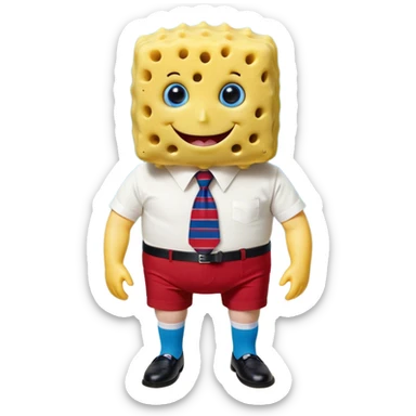 A yellow, rectangular sea sponge with large blue eyes, long eyelashes, prominent dimples, and a wide, cheerful toothy grin. He wears a white shirt, a red tie, and brown square pants with a black belt. His arms and legs are thin, with black shoes and white knee-high socks featuring blue and red stripes. His body has irregular pores and a slightly wavy texture. sticker