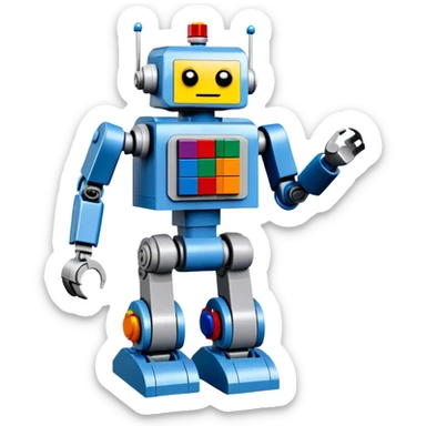 A big photorealistic icon featuring a detailed robot figure built from LEGO bricks, with intricate parts and colorful pieces. The design includes the LEGO logo subtly visible, with a focus on the craftsmanship and creativity of the build. Transparent background. sticker