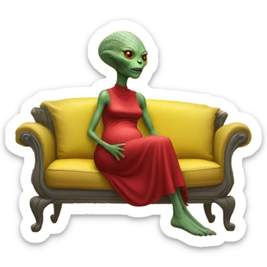 reptilian alien woman in red dress,pregnant, sitting on a jellow couch  sticker