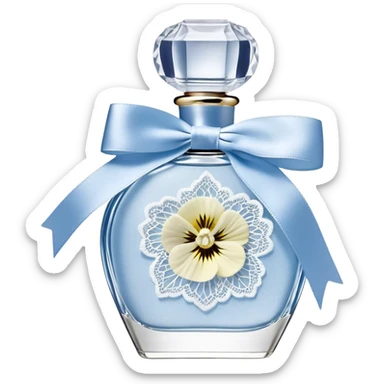 On a background of textured ivory lace, a delicate frosted glass perfume bottle sits at the center, adorned with a pale blue satin ribbon, tied into an elegant bow. The soft translucency of the bottle hints at the floral notes hidden within, while a cluster of white and sky-blue pansies rests beside it, their velvety petals curling slightly at the edges. The light reflects gently off the intricate patterns in the lace, creating an ethereal interplay of textures and shadows, enhancing the dreamy, vintage aesthetic. sticker
