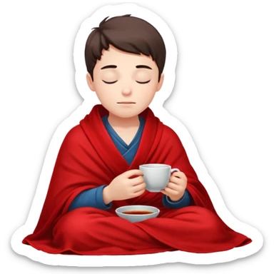 A European boy is sitting comfortably under a blanket, wrapped in a red blanket, drinking tea with his eyes closed. sticker
