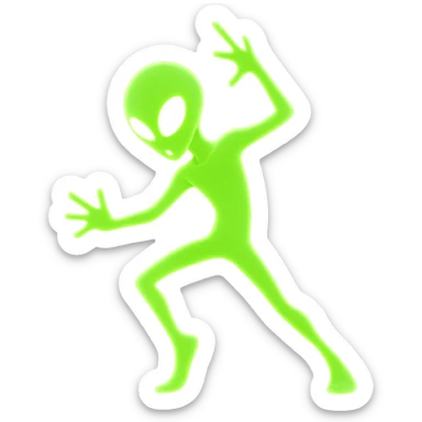 Edit the image of a dancing alien in neon green with an energetic pose and glowing effect in a modern style. Create a new pose. The image should be PNG with a transparent background, emphasizing the energy and neon green glow in a contemporary look. sticker