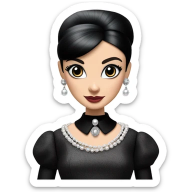 Audrey Hepburn as Sabrina Barbie.Wednesday Addams. Show full body wearing Embroidered long black gown jewelry gloves pearl earrings  sticker