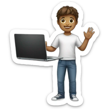 boy holding laptop and waving hi sticker