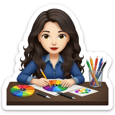 female dark wavy long hair graphic designer , color wheel, pens, papers , desktop sticker