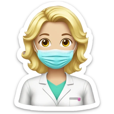 blonde beautician with pink scrub and surgical mask sticker