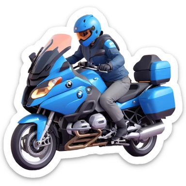 blue BMW R 1200 RT touring motorcycle with rider on road sticker