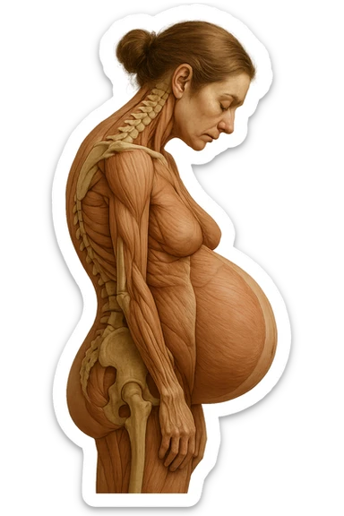 donna in gravidanza di profilo con spina dorsale in evidenza, postura storta, spalle chiuse in avanti, iperrealistica 4k sticker