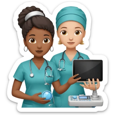 black female doctor and caucasian ultrasound technician without white coat performing a fetal ultrasound  sticker