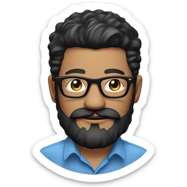  emoji of light skin man, black hair. blue button up shirt, black glasses, beard and mustache. tattoo of rose on right arm and apple watch sticker