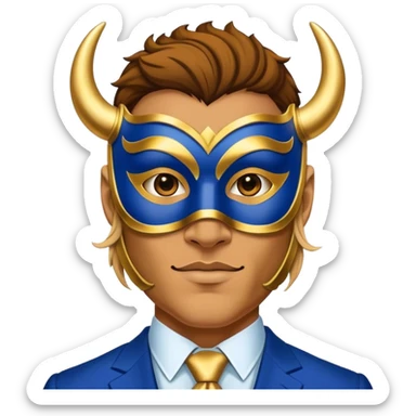 a man, with a Blue suit,  wear half-face golden Buffalo masquerade mask sticker