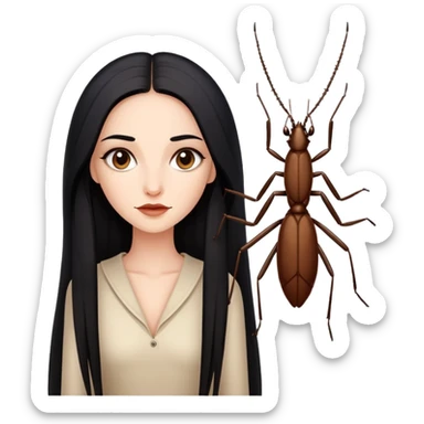 beautiful pale woman with long black hair next to one brown stick bug sticker