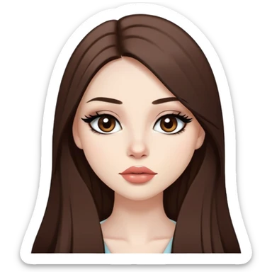 pretty baddie, brown straight hair, cute lips, pale skin, long hair, dark brown eyes, bold black eyeliner sticker
