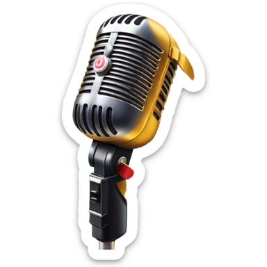 Create a vibrant and dynamic emoji that represents pop vocal performance without people. The design should feature a close-up of a classic stage microphone (retro-style) with a lanyard, set against a stage background. Add concert lighting, a celebratory salute of confetti or fireworks in the background, and musical notes forming a ribbon, symbolizing the performance and creativity of pop vocals. Include subtle elements like a formal stage costume to emphasize the professional aspect. Use bright, bold colors like gold, red, and neon to reflect the energetic and glamorous nature of pop vocal performance. The background should be transparent. sticker