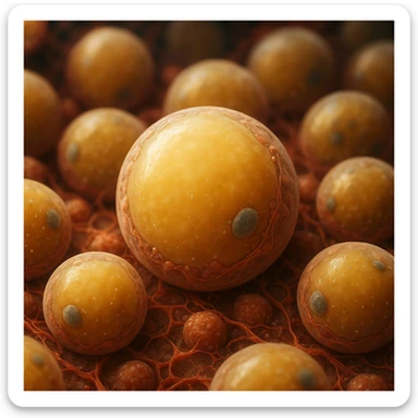 adipocytes in fat accumulation phase, hyper realistic 4K style, cellular details, scientific atmosphere sticker