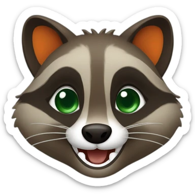 brown raccoon with orange eyes and a dark green hood that is laughing sticker