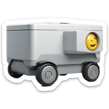 solid horizontal rectangle gray delivery robot with white circle white led eyes and opening lid on 4 wheels with food, minimalistic design sticker