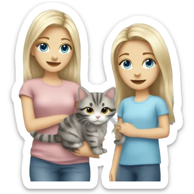 Girl with blonde hair blue eyes holding fluffy gray tabby cat sticker