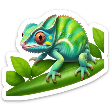 cinematic cute-smiling baby chameleon-realistic emoji,-blending-with-vibrant-greenery.-detailed-scales-in-shifting-colors,-showing-the-chameleon’s-ability-to-camouflage.-soft-natural-light-highlights-its-texture.-light-background, zoomed into its face sticker