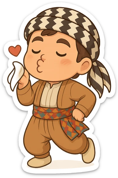 Create a chibi Kurdish cartoon sticker based on the reference image, showing a kissing (sending a kiss) expression, with a transparent background. sticker