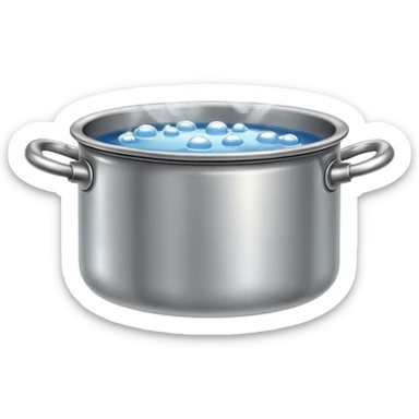 small metal pot filled with boiling water on a stove, visible hot steam and rising bubbles, realistic heat effect, shiny pot surface, bright lighting, clean white background sticker
