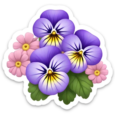 composition of aesthetically pleasing violet pansies, pastel pink daisies set against a background of a rosy vintage-style perfume bottle  sticker
