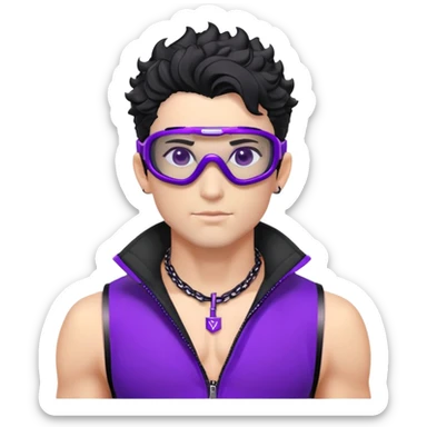 male athlete with white skin and moderately curly black hair on top with shaved sides, wearing ski goggles with purple frames and very dark black lenses, a simple plain black chain necklace, and an open shiny purple vest showing his chest and abs, no earrings sticker