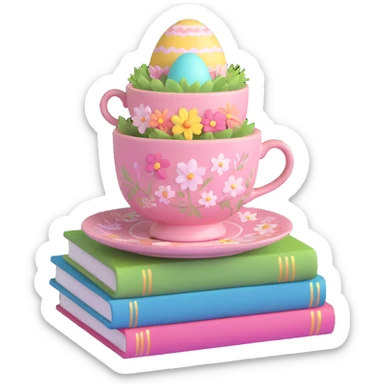 A pink floral-patterned teacup with steam rising, placed on top of two stacked books with pastel colors and an Easter egg on the side sticker