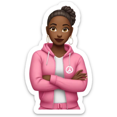 Girl emoji: pink tracksuit, hoop earrings, pink lips, lashes, nails. Poses: peace sign, nails, phone, arms crossed. full body sticker