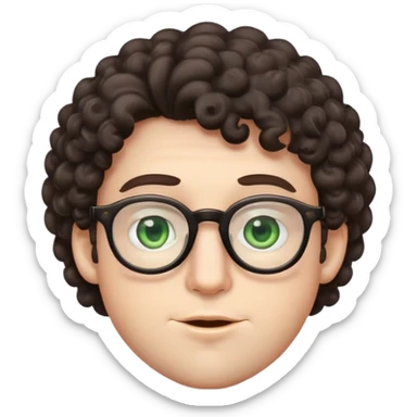 young male emoji with wide face, fuller lips, very poofy voluminous dark slightly curly hair, big ears, pale skin, glasses, green eyes set wider apart, very light stubble sticker