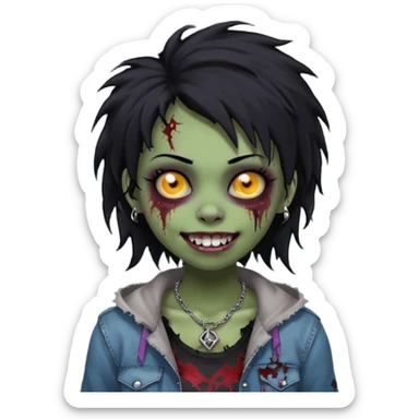 girl, zombie, black coily hair, medium long, emo, shaggy, dark, spooky,double eyebrow dermal piercing, cute illuminous smile sticker