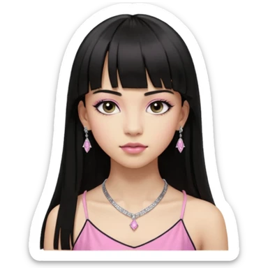 Cabelos pretos longos lisos ,com franja curvada .olhos pretos puxadinho para cima. Cílios longos curvados. Pele clara ,nariz pequeno ,lábios carnudos ,adolescente 16 anos ,vestido rosa de alça, colar pequeno prata ,brinco de diamante pequeno  sticker