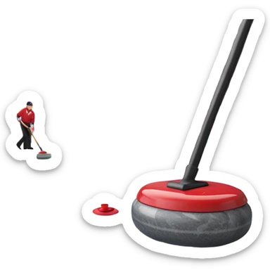 An icon showing the ice with a broom and a close-up of a curling stone sliding. The scene is set in a brightly lit stadium, with detailed spectator stands in the background. Transparent background highlights the focus, skill, and atmosphere of the curling sport. sticker
