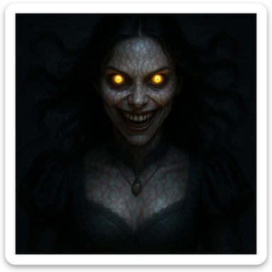 Make the beautiful scary girl look realistic, photorealistic horror portrait style. Keep gothic jewelry and supernatural features with dramatic lighting. Emphasize photorealism and horror elements in the portrait. sticker