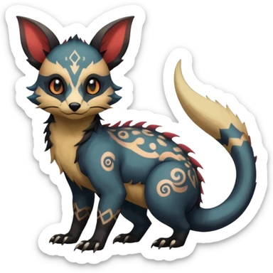 Rare warm-colored exotic cute epic aesthetic gothic colorful Salandit-Eevee-Civet-species-Fakemon-hybrid-creature, with intricate tattoo markings, full body sticker