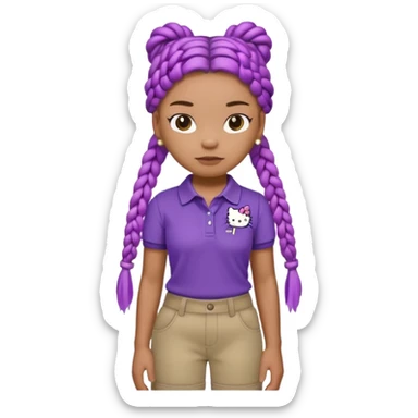 hello kitty wearing purple polo shirt and kyaki pants with long box braids baddie sticker