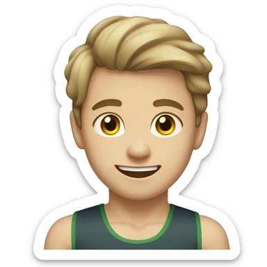 A boy with light brown hair, greenish-yellow eyes, wearing a leotard and smiling. sticker