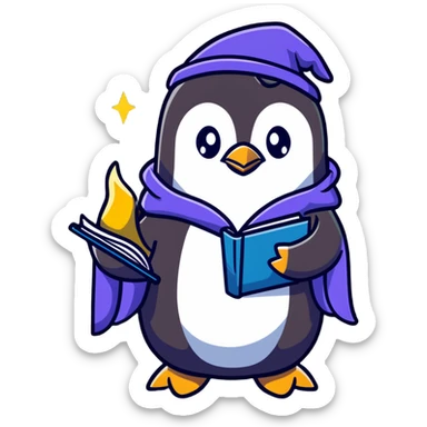 Cute penguin wizard with a flowing starry robe and magical spellbook sticker