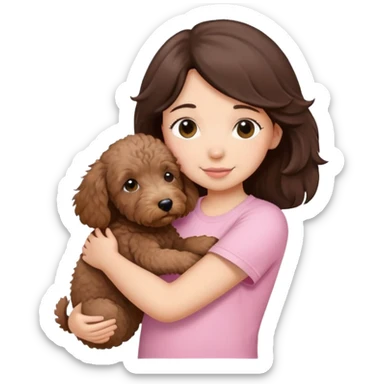 One girl with medium long dark brown hair dressing baby pink T-shirt, hugging One little brown coated labradoodle. sticker