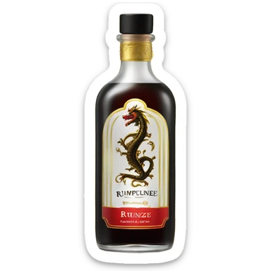 clear bottle of rumpleminze peppermint alcohol with a black and red label that has a small gold dragon on the label sticker