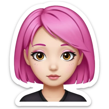 An Asian girl with pink hair, big eyes, thick eyebrows, and long eyelashes;  sticker